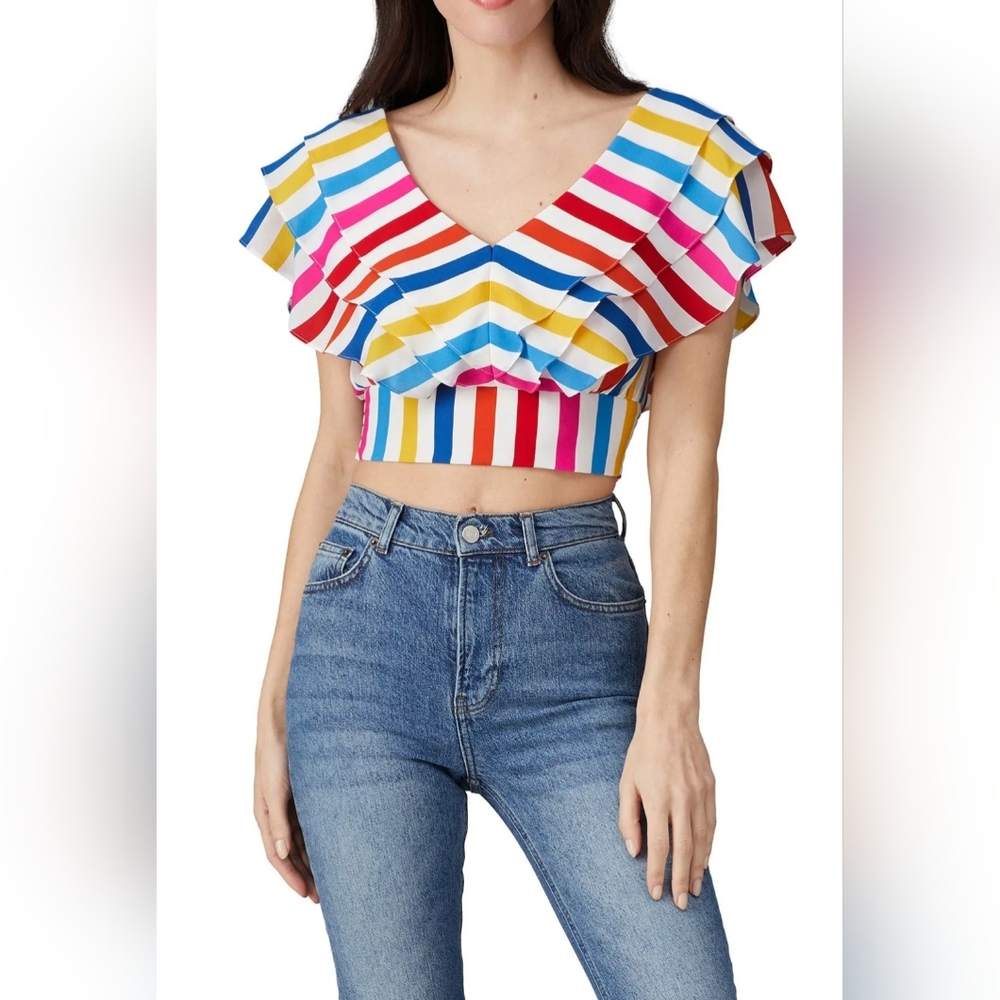 Color Me Courtney Holly Ruffle Colorful Striped Crop Top Women's 4